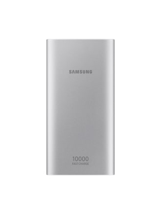 Voorkant van een zilverkleurige Samsung 10.000 mAh Ultra Battery-oplader