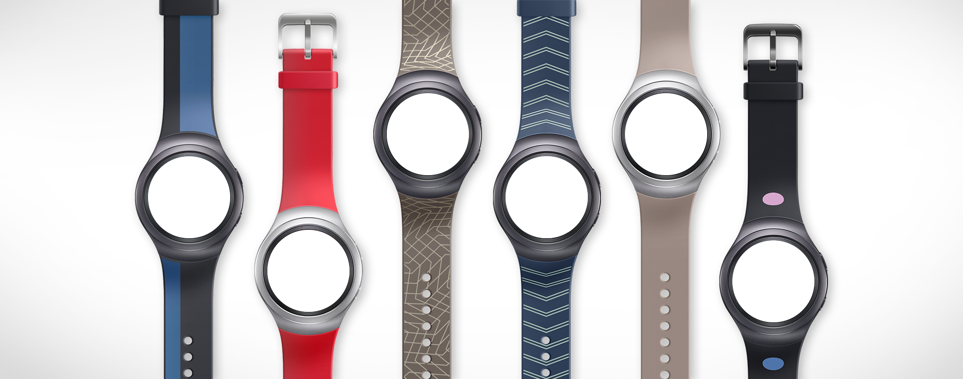 Six Gear S2 alignés avec six bracelets différents.