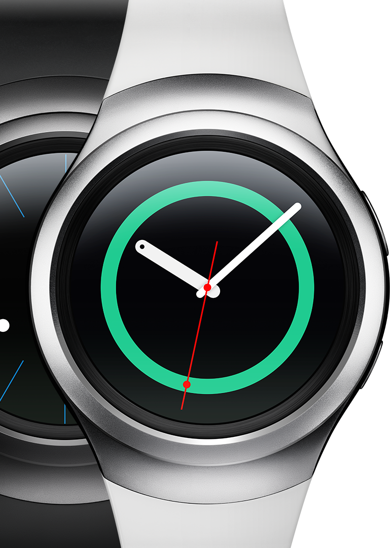 ساعة Gear S2 بلون رمادي داكن وفضي على اليسار.