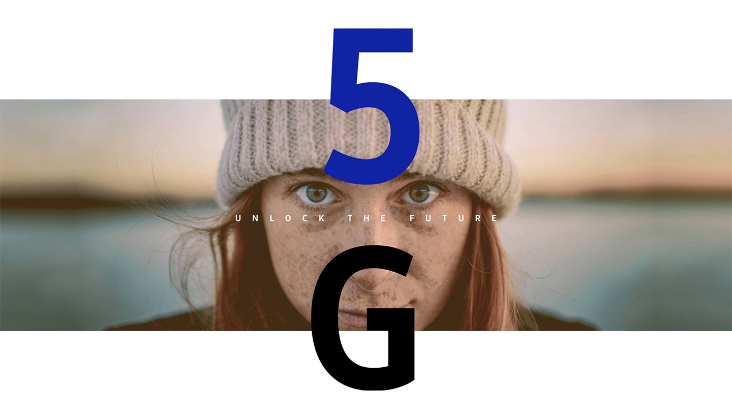 Eine Frau, die eine Hut trägt und direkt in die Kamera blickt. Im Vordergrund des Bildes ist „5G“ und „Die Zukunft liegt in deiner Hand“ zu lese