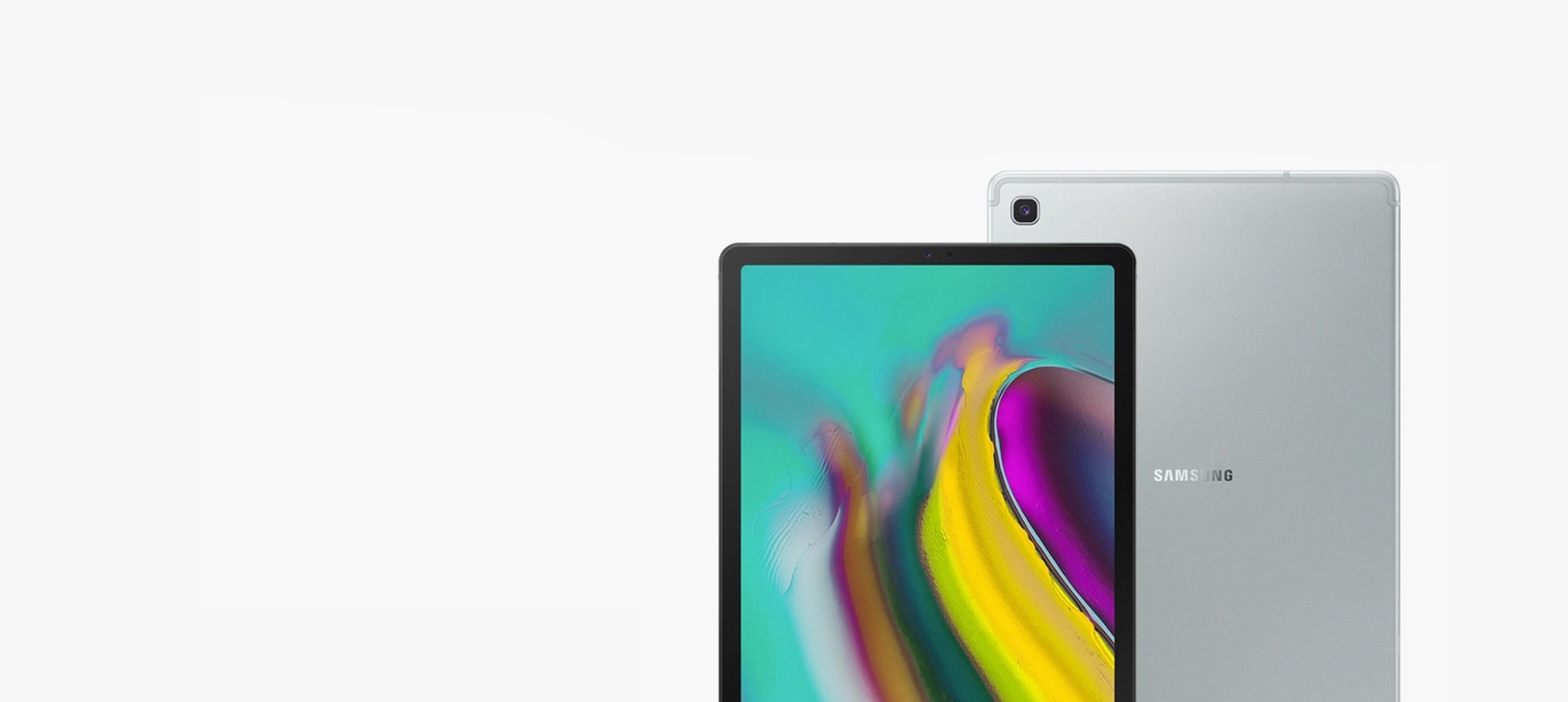 Tablet Tab S5e vista de frente y trasera cortada por la mitad con un fondo de colores