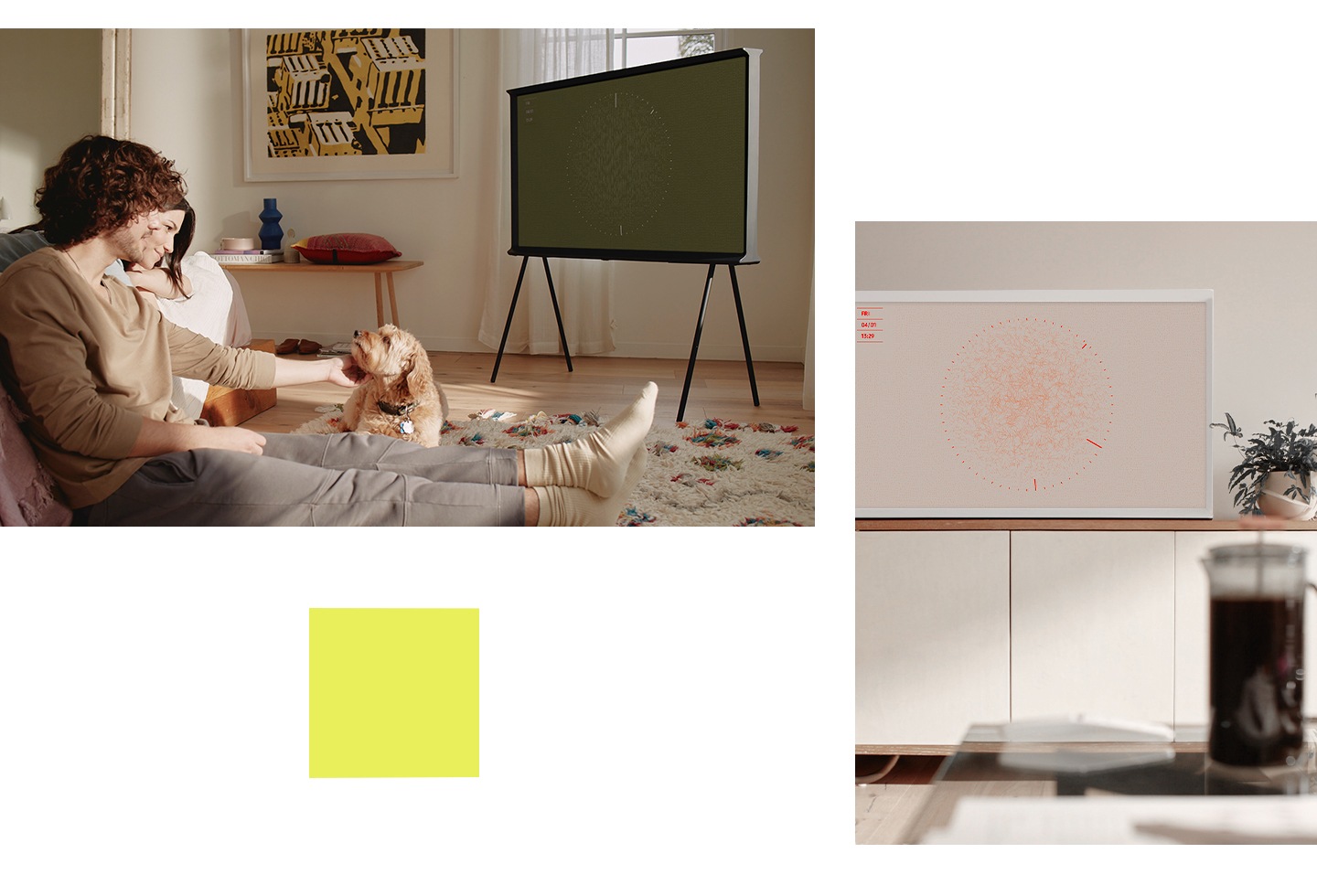 Un Hombre y una mujer jugando con su perro en el dormitorio frente a un The Serif Blanco en un stand en modo ambiente en color oliva. Al lado de la imagen está The Serif en un gabinete que muestra el Modo ambiente con color salmón en la pantalla.