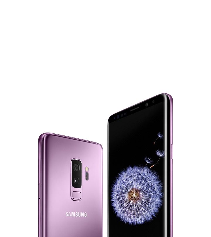 Galaxy S9+ seen from the rear and the front in lilac purple, with a dandelion on-screen