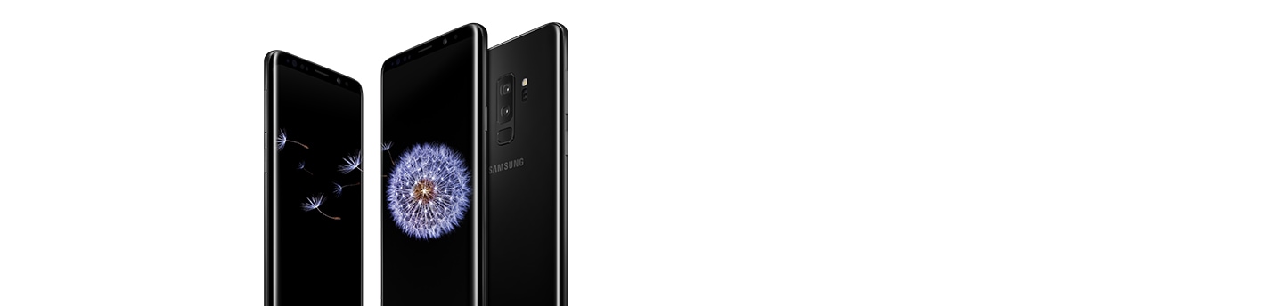 One Galaxy S9 seen from the front and Galaxy S9+ seen from the front and the rear in midnight black. Displayed on Galaxy S9 is dandelion seeds and displayed on Galaxy S9+ is a dandelion.