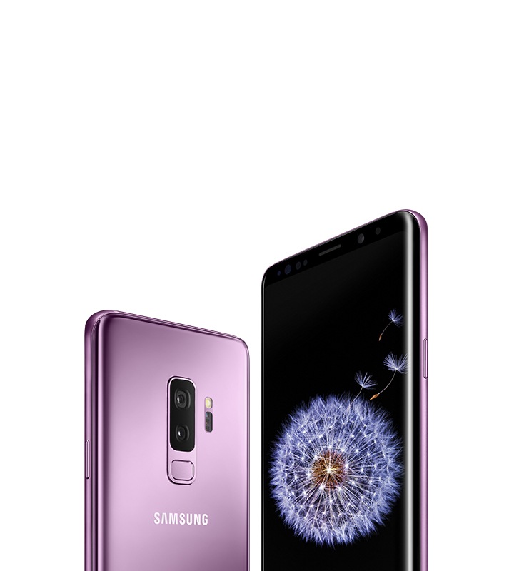 Galaxy S9+ seen from the rear and the front in lilac purple, with a dandelion on-screen