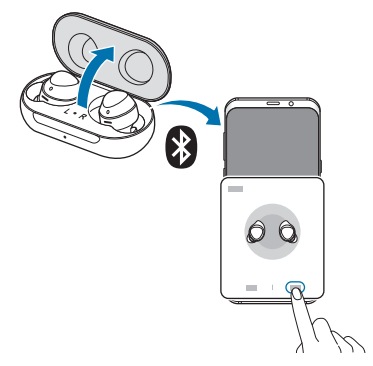 Ilustracja pokazująca słuchawki Galaxy Buds+ nawiązujące połączenie z telefonem przez Bluetooth