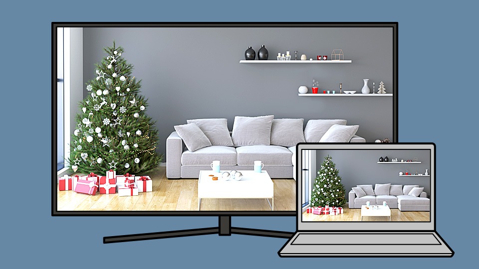 An illustration of Samsung’s QLED TV connected to a laptop