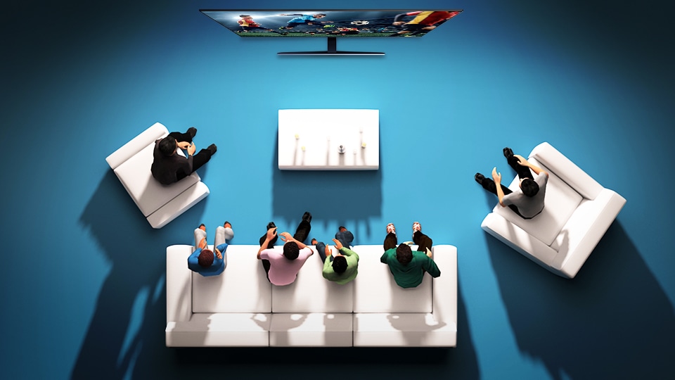 6 people watching Samsung Premium UHD TV together from different angles on the couch
