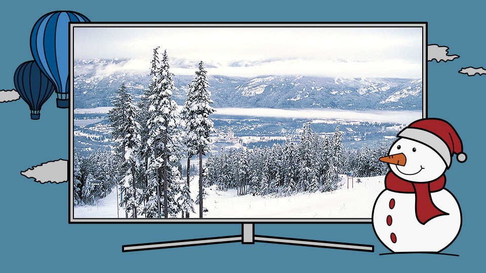 An illustration of Samsung’s QLED TV displaying every detail of a winter scenery on screen