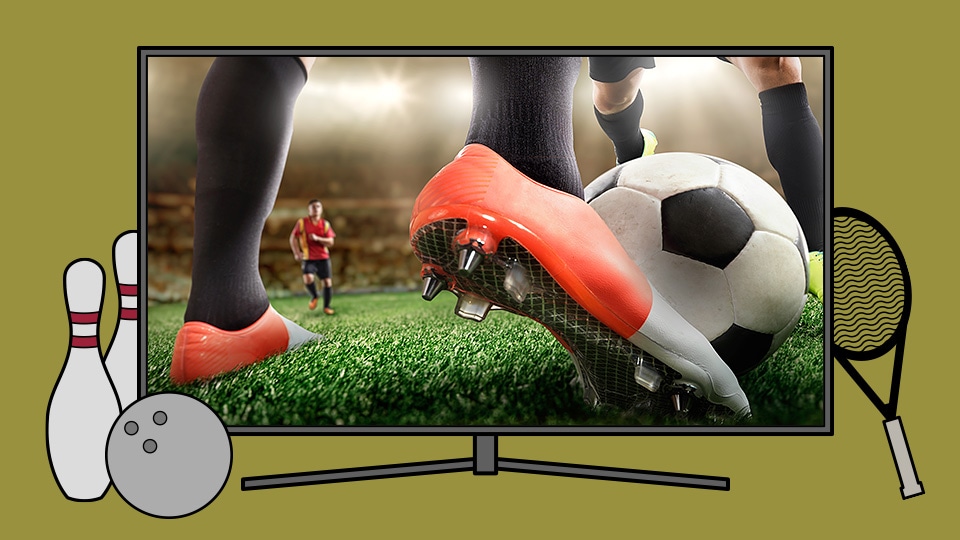 An illustration of Samsung’s QLED TV showing a close look into the action of a soccer game