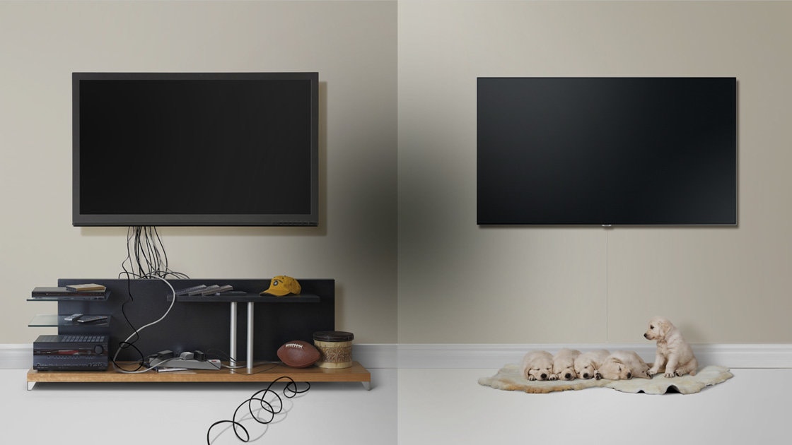 Image split in half comparing conventional TV wiring and the Invisible Connection, to the left is a cluttered TV area with wires and devices out in the open, to the right is a tidy area with no devices or visible wires