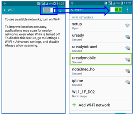 Σύρετε τον διακόπτη Wi-Fi προς τα δεξιά (σύρετε προς τα αριστερά για απενεργοποίηση). Επιλέξτε το δίκτυο Wi-Fi που επιθυμείτε να ενεργοποιήσετε