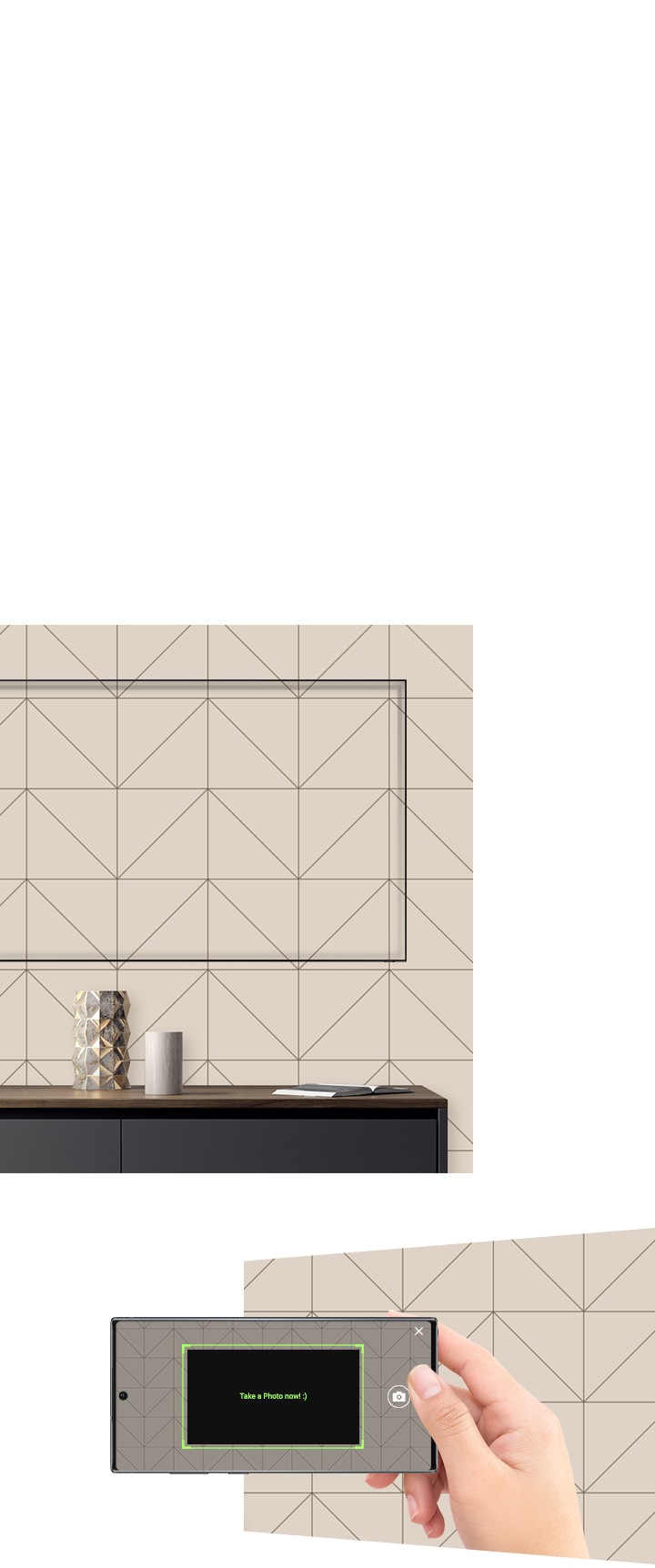 Video Ambient Mode plus Samsung QLED TV is hanging on a patterned wall. Take a picture of the patterned wall paper using your phone, then QLED's Ambient mode is showing the wallpaper's pattern which is same of the wall. It is showing the QLED TV wall design.