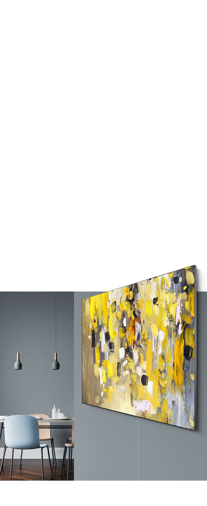 A 2020 QLED TV with Samsung one invisible connection which makes TV cable invisible is hanging on the wall. Also, QLED TV looks glued to the wall using no gap wall mount.