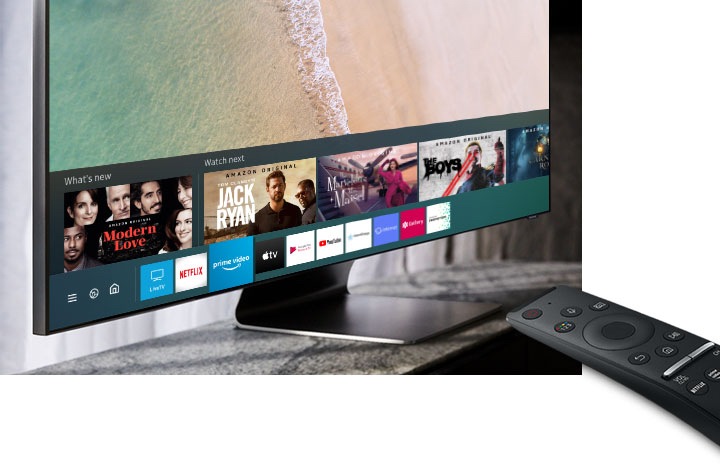 Controlling a Samsung QLED 2020 TV with Samsung One Remote Control, using Samsung Smart Hub functionality on the Smart TV.