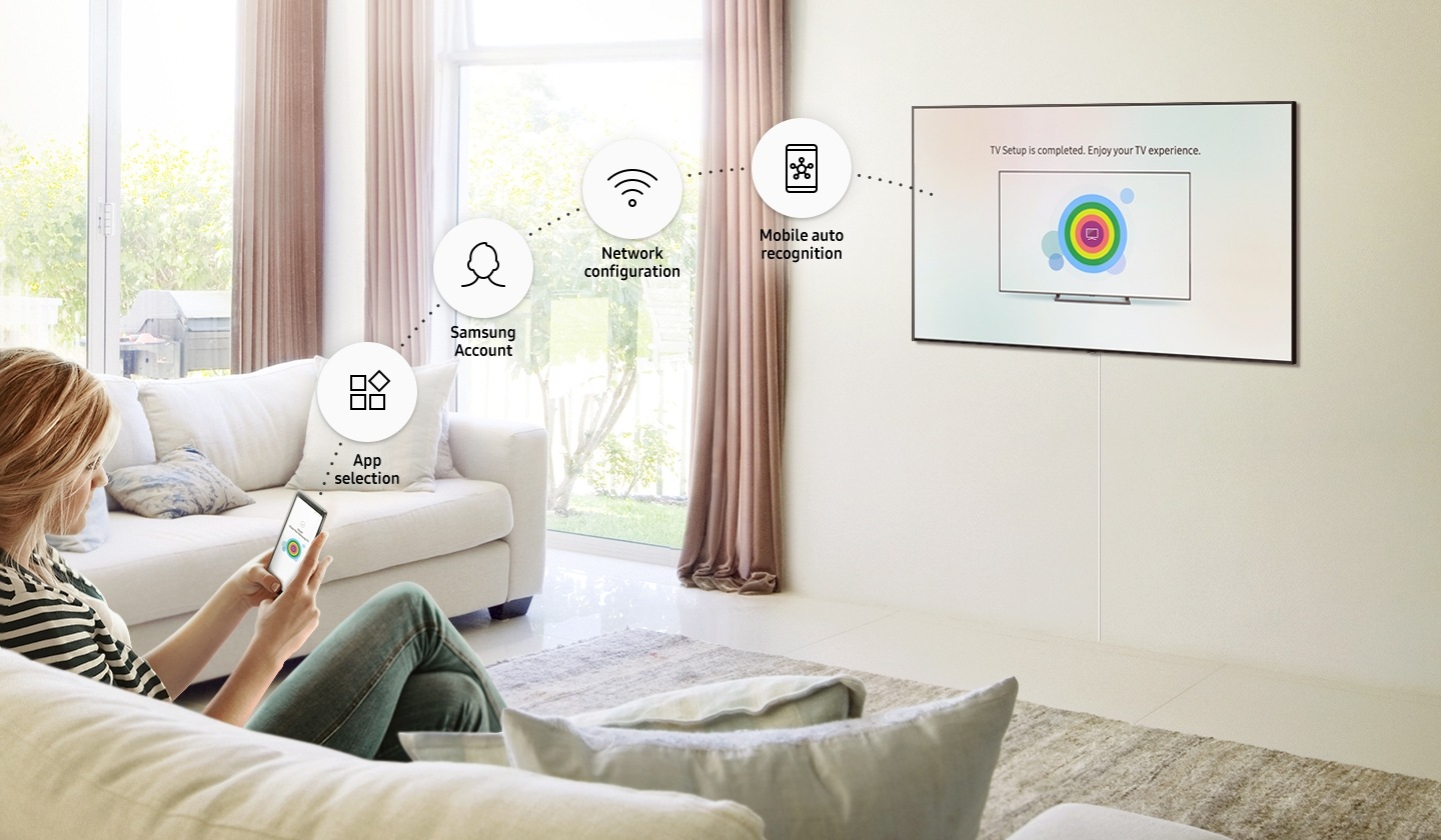 A woman is setting up Smart TV via mobile and various icons are tied between mobile and TV; App selection, Samsung Account, Network configuration, Mobile auto recognition icons.