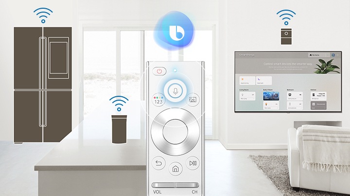 One Remote Control with Bixby icon and IoT devices placed in living room and kitchen with Wi-Fi icons; refrigerator, speaker, motion sensor.