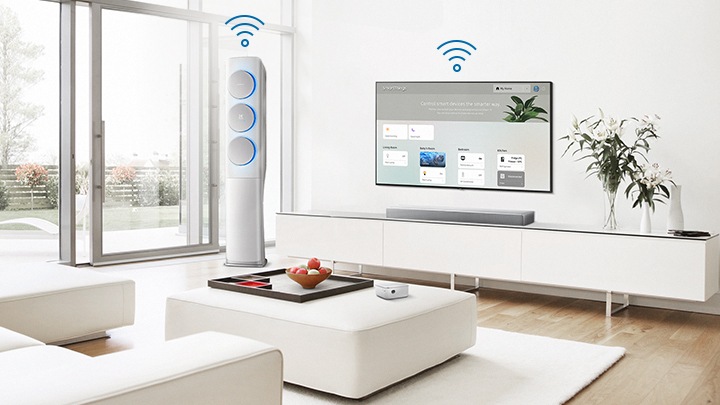 SmartThings Dashboard on the Smart TV and air conditioner with Wi-Fi icons.