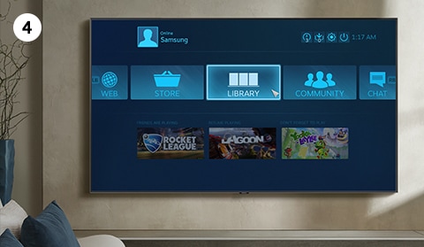 Learn how to set up and use Steam Link on Samsung Smart TV. Step number 4 is to access Library from Steam Link main page.