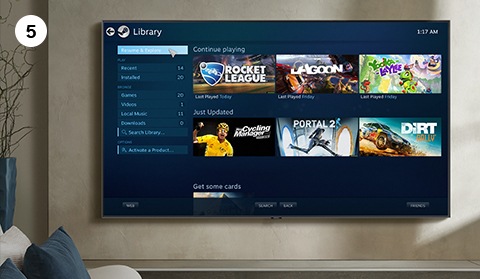 Learn how to set up and use Steam Link on Samsung Smart TV. Step number 5 is to select a desired game from Library.