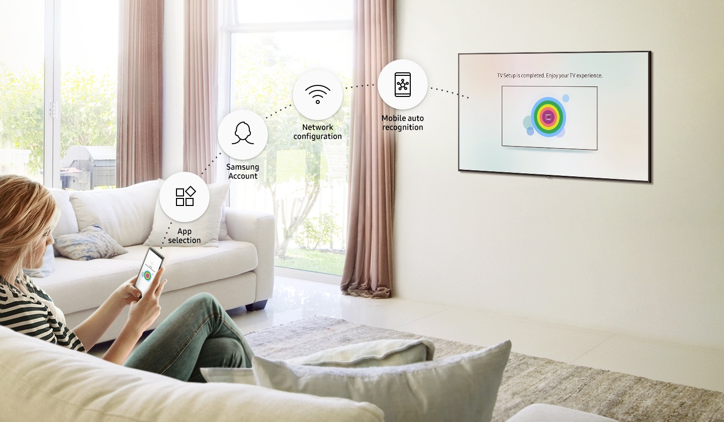 A woman is setting up Smart TV via mobile and various icons are tied between mobile and TV; App selection, Samsung Account, Network configuration, Mobile auto recognition icons.