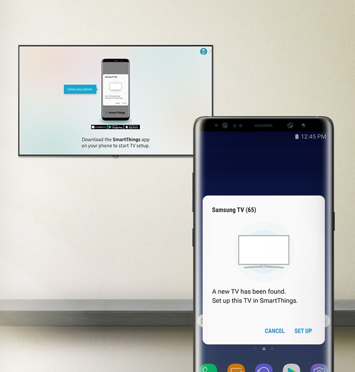 TV detects the mobile phone automatically with the caption "Download the SmartThings app on your phone to start TV setup." and TV has been detected on the mobile phone with the caption "A new TV has been found. Set up this TV in SmartThings."