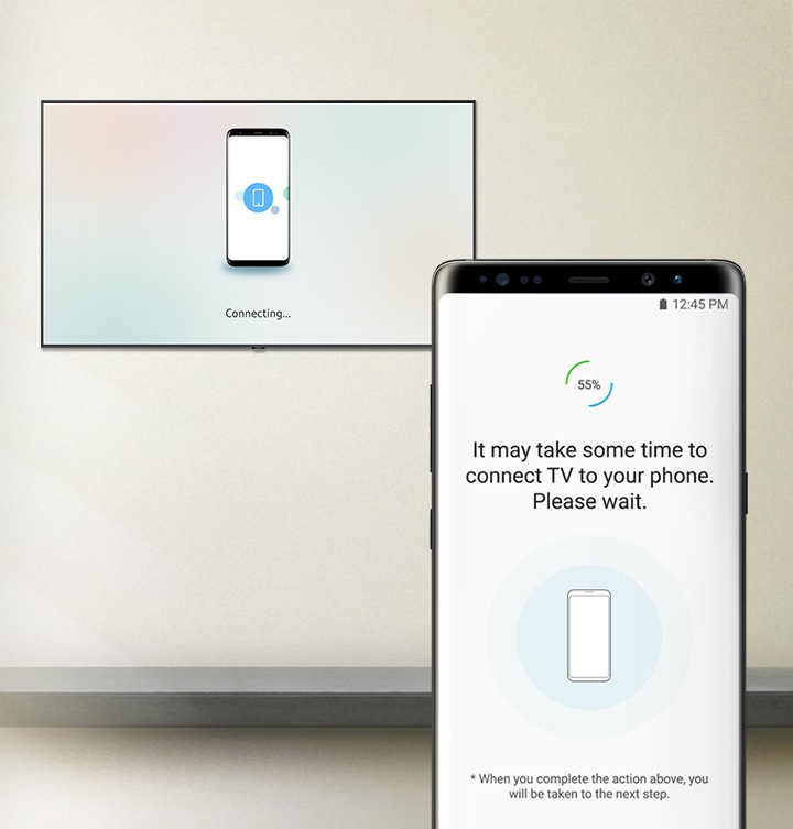 Connecting TV to mobile phone with the caption on the screen; "It may take some time to connect TV to your phone. Please wait.”