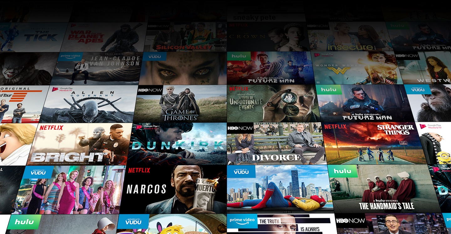 Various content with app icons; The Tick, and Jean-Claude Van Johnson on prime video, War for the Planet of the Apes, and Alien: Covenant, Dunkirk, and Despicable Me 3 on Google Play Movies & TV, Silicon Valley, Insecure, Westworld, Game of Thrones, and Divorce on HBO Now, The Crown, A Series of Unfortunate Events, Bright, Stranger Things, and Narcos on Netflix, Future Man, and The Handmaid's Tale Hulu, The Mummy, and Spider-Man Homecoming on VUDU.