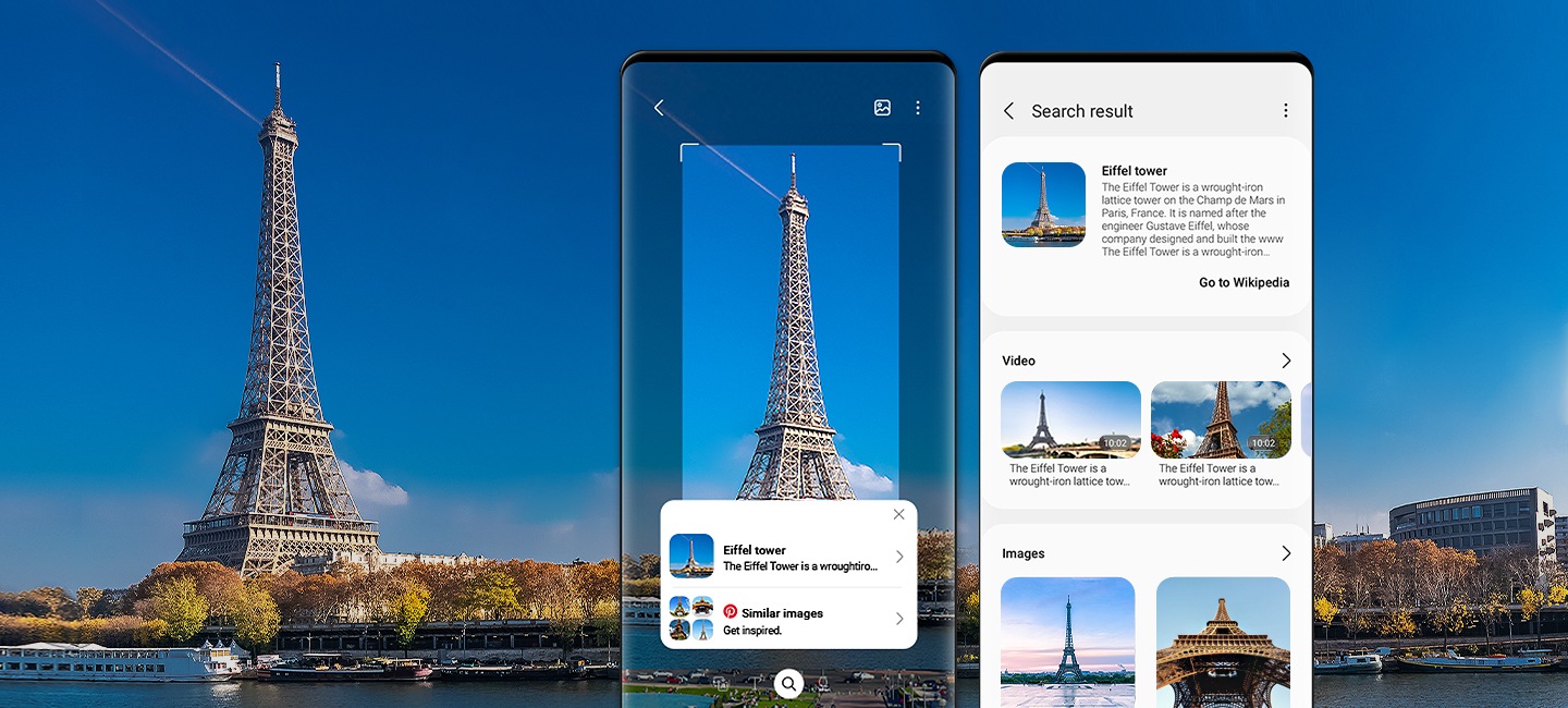 Bixby Vision 識別巴黎鐵塔,而手機畫面顯示搜尋結果列表。