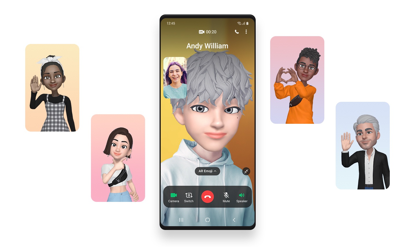 AR Emoji 表情視像通話功能位於中央,四周由數個 AR 表情符號包圍。