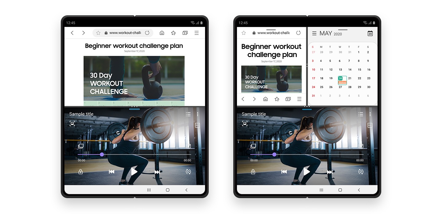 並排顯示兩部展開的 Galaxy Z Fold2,均展示用家能如何利用 Multi-Active Window 同時開啟多個應用程式,輕易完成多項任務。左方裝置屏幕分割成上下兩部分,右方裝置屏幕則分割為三部分:屏幕上半部分一分為二,以及下半部分。