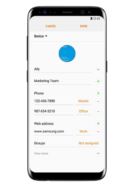 Galaxy S8 with example of using Bixby to scan business card and having the contact details added automatically