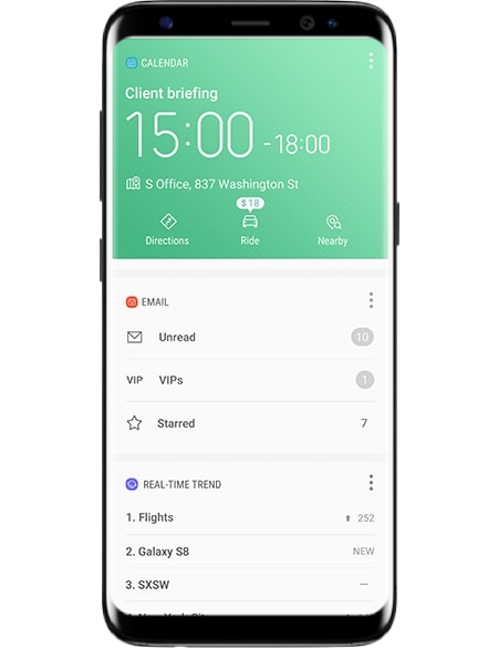 Galaxy S8 on-screen example of Bixby Home with calendar and email cards showing after work Galaxy S8 on-screen example of Bixby Home with calendar and email cards showing after work