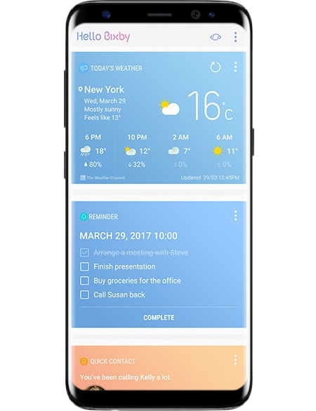 Galaxy S8 on-screen example of Bixby Home with weather and reminder cards showing before work Galaxy S8 on-screen example of Bixby Home with weather and reminder cards showing before work