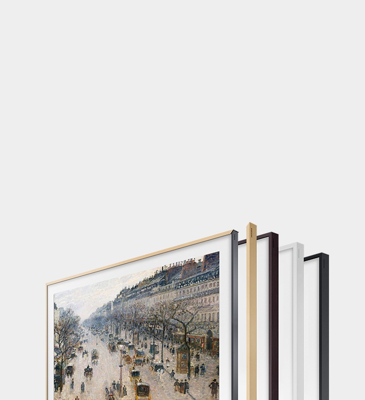 從一個可突出邊框的角度展示著 The Frame TV ,突顯出邊框外觀設計,而各款的自訂邊框提供多種顏色,可按你心情而進行調整