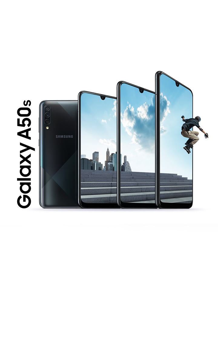 Galaxy A lineup fanning out to reveal a skateboarder moving beyond the screen.