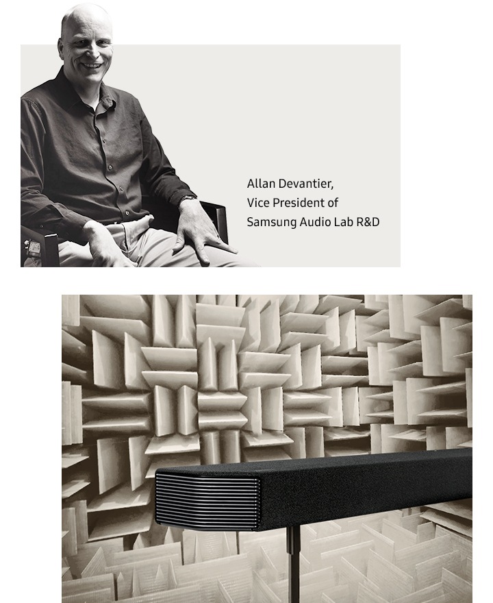 一條 Soundbar 放在 Allan Devantier旁邊的音效測試室裡。Allan Devantier為三星音效實驗室研發副總裁
