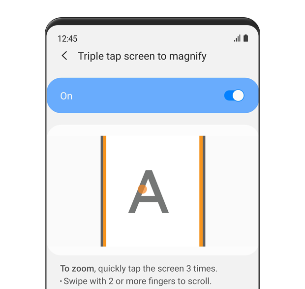 The 'Triple tap screen to magnify' menu is displayed and turned 'on'. The description text reads: To zoom, quickly tap the screen 3 times. Swipe with 2 or more fingers to scroll.
