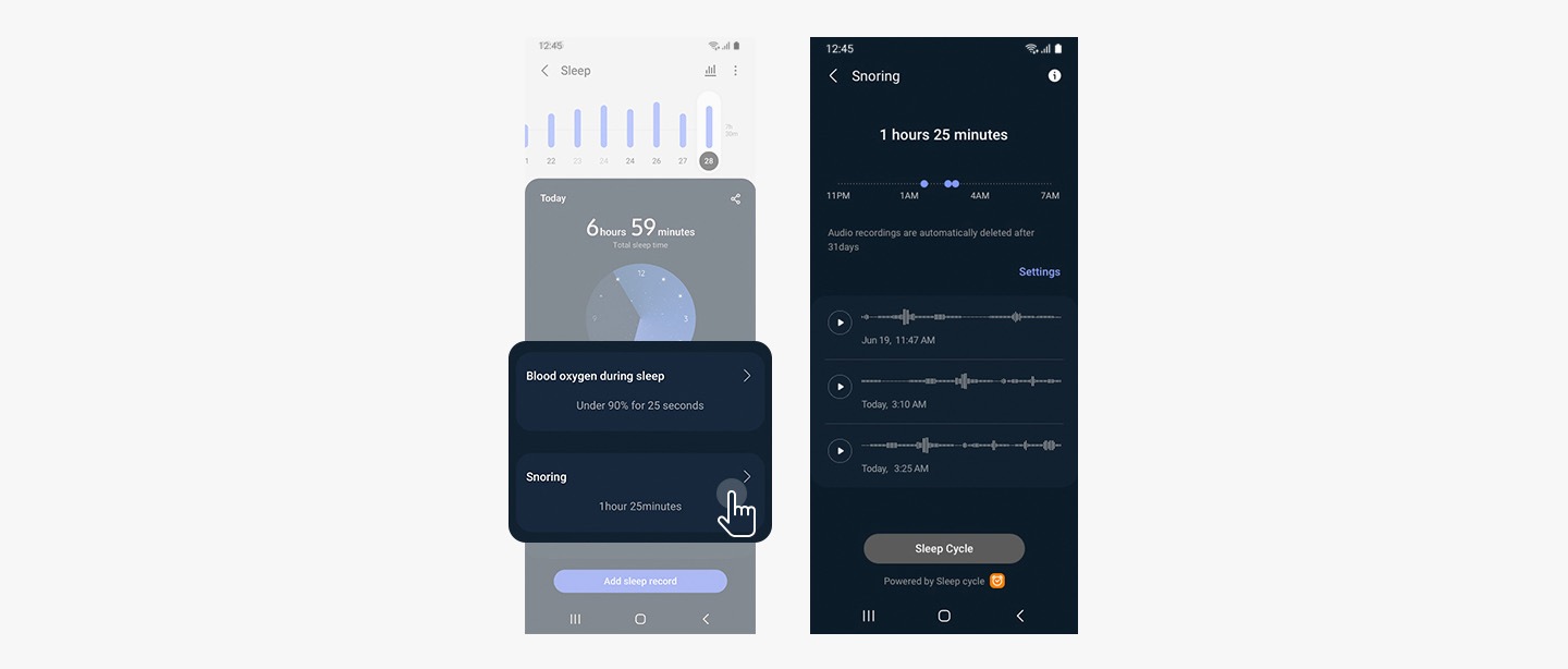 Two smartphone GUIs are shown. First GUI shows the "Blood oxygen during sleep" and "Snoring" results prompt over a smartphone displaying the "Sleep" GUI. Illustrated pointing hand is shown tapping "Snoring 1 hour 25 minutes" results prompt. Second GUI shows the "Snoring" results total of 1 hours 25 minutes and a dot chart of when snoring happened over time.