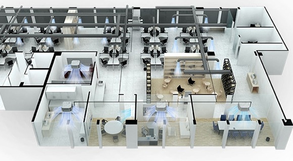 An office floor plan with system air conditioner placed in each and every room