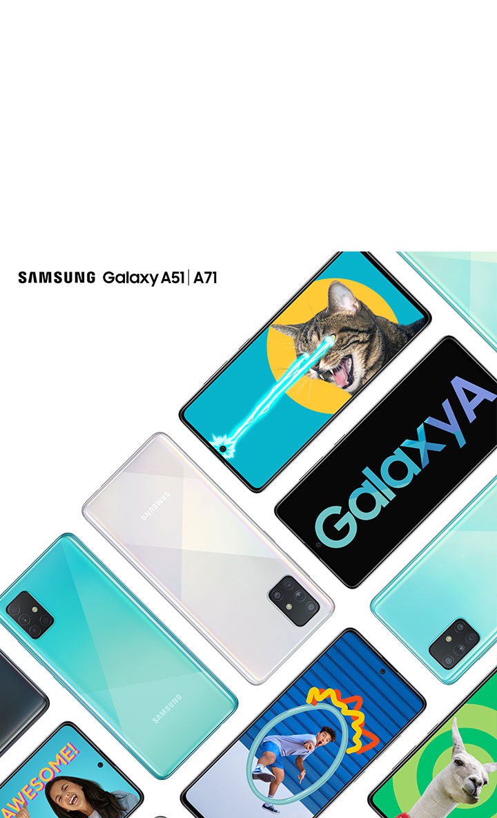 Galaxy A lineup fanning out to reveal a skateboarder moving beyond the screen.