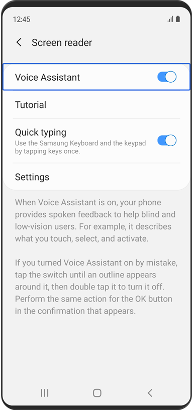 Prikazan je izbornik Čitač zaslona. Značajka Voice Assistant je uključena.