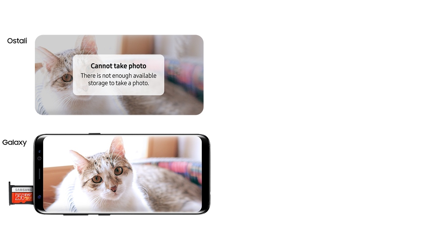 Prednji prikaz modela Galaxy S8 u ponoćno crnoj boji kojim se fotografira mačka s proširivom memorijom od 256 GB i slika mačke u mraku uz poruku „Nije moguće fotografirati - nema dovoljno mjesta za pohranu.”