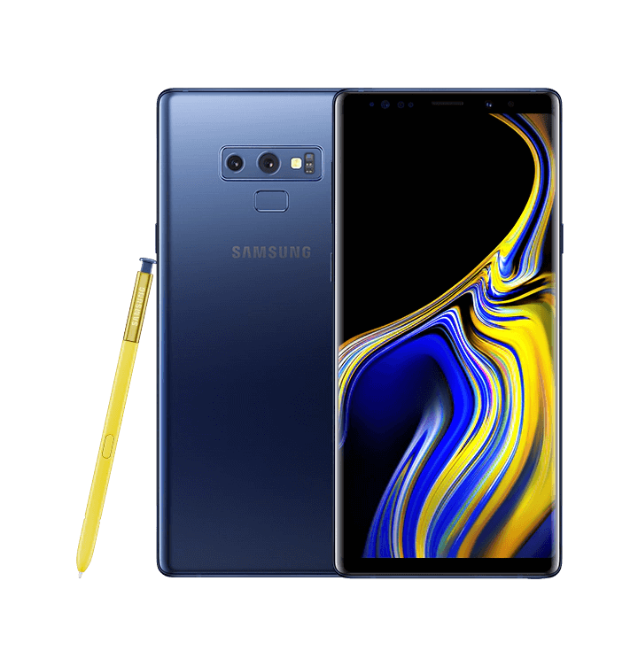 Prikazana dva ocean plava Galaxy Note9 telefona, jedan straga, drugi sprijeda s plavo-žutim bojama na zaslonu i naslonjenom žutom S Pen olovkom.