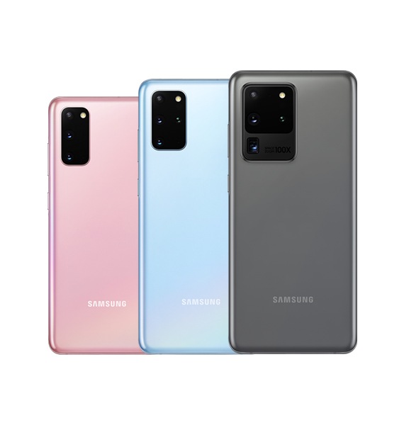 product-s20 Stražnji prikaz uređaja Galaxy S20 nebesko roza boje, Galaxy S20+ nebesko plave boje i Galaxy S20 Ultra svemirsko sive boje.