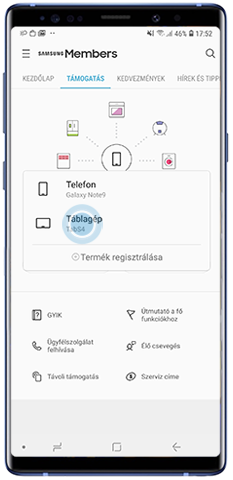 Regisztrált termékek listájának elérése a Támogatás menün keresztül