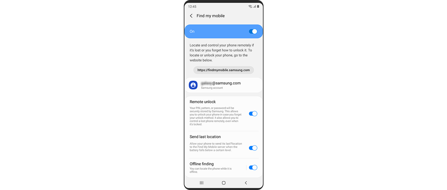 Antarmuka pengaturan ponsel Galaxy untuk Temukan Perangkat Seluler Saya, yang diaktifkan. Di bawah tombol utama, pengaturan Buka kunci jarak jauh, Kirim lokasi terakhir, dan Pencarian offline juga diaktifkan.