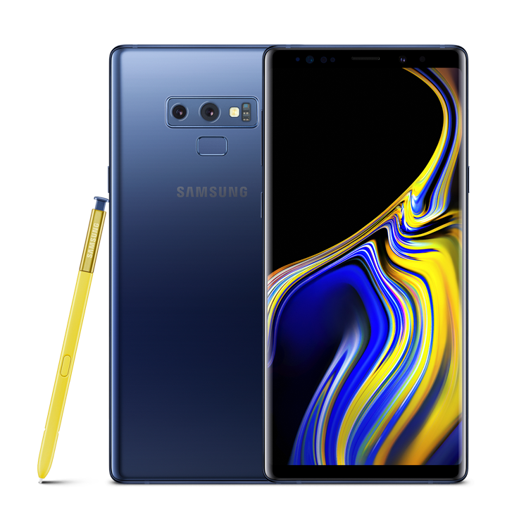 Two Ocean Blue Galaxy Note9s, one seen from the rear and one from the front, with a blue and yellow swirl design onscreen, and yellow S Pen leaning against it