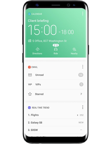 Galaxy S8 on-screen example of Bixby Home with calendar and email cards showing after work Galaxy S8 on-screen example of Bixby Home with calendar and email cards showing after work