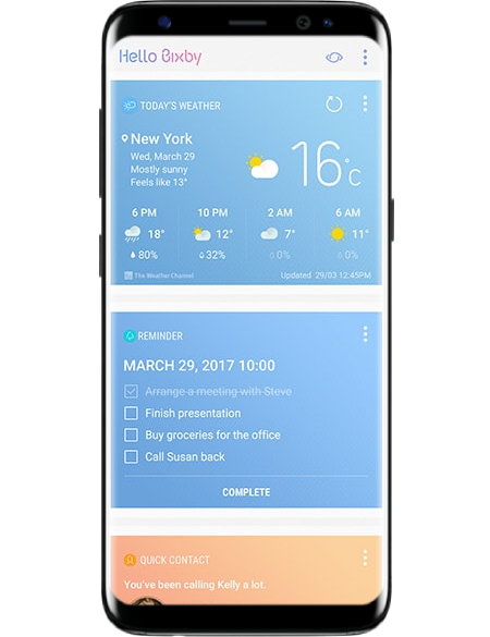Galaxy S8 on-screen example of Bixby Home with weather and reminder cards showing before work Galaxy S8 on-screen example of Bixby Home with weather and reminder cards showing before work
